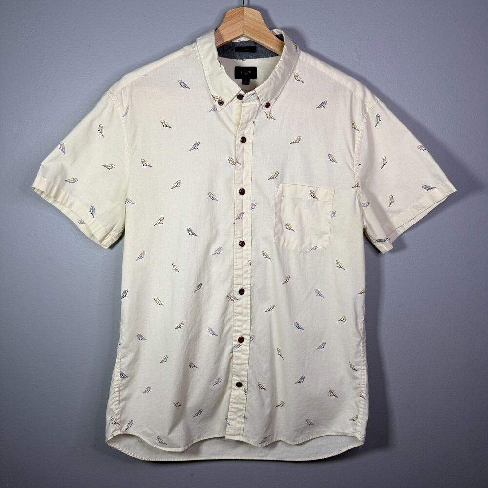 J.Crew Slim Fit Short Sleeve Button Down Shirt Mens L Parakeet Bird Print Cream